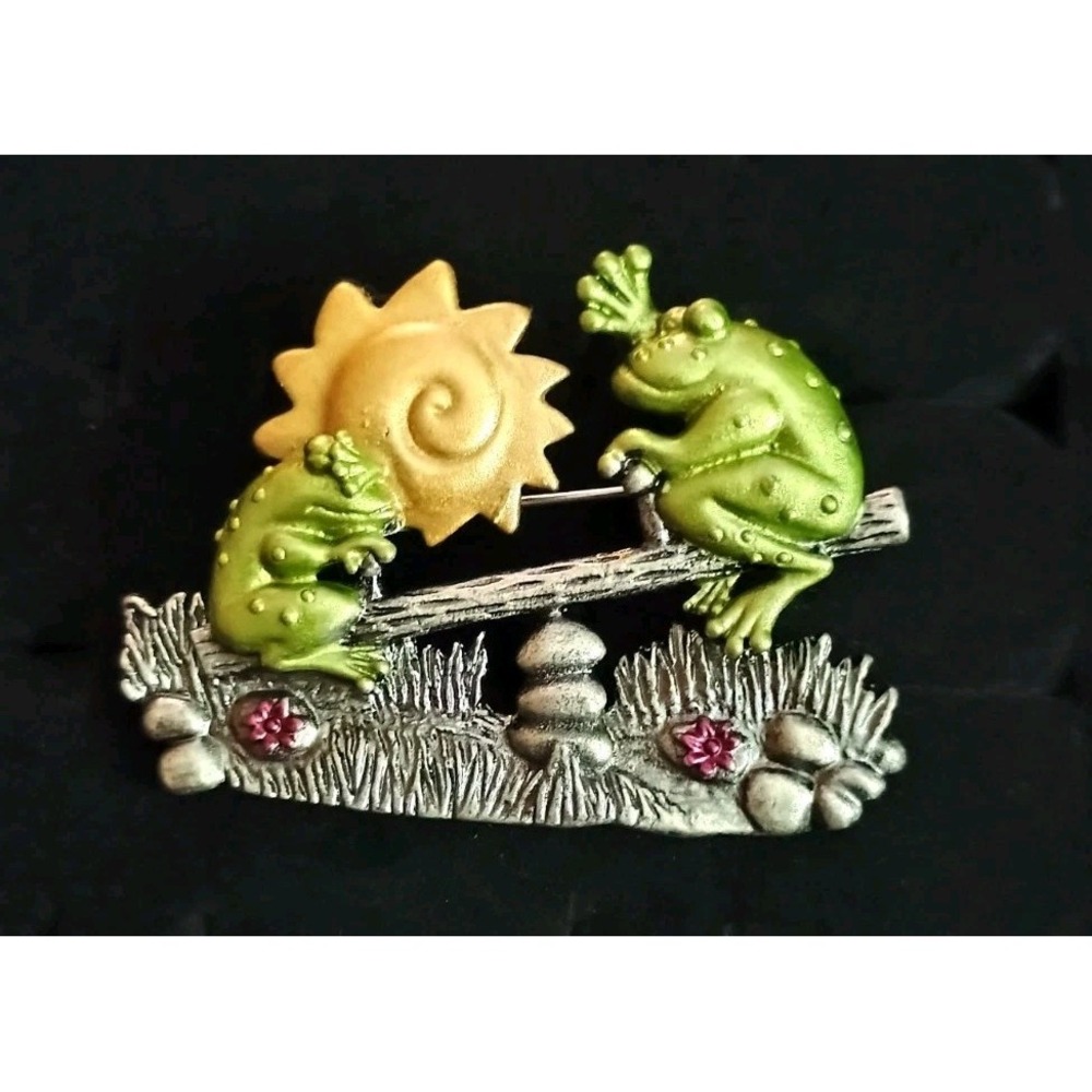 Frog Brooch Seesaw Frogs Sun Signed DD Whimsical Novelty Pin Painted